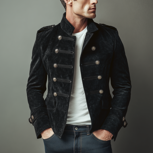 Men's Classic Retro Stand Collar Faux Suede Double-breasted Slim-fit Jacket MTA2282H6K