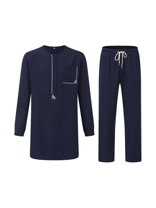 Navy Blue And White Accent Men's Traditional Two-Piece Set
