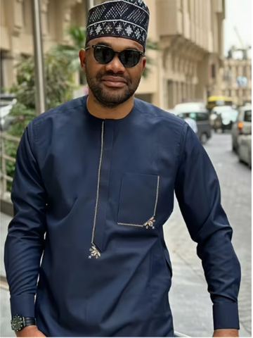 Navy Blue And White Accent Men's Traditional Two-Piece Set