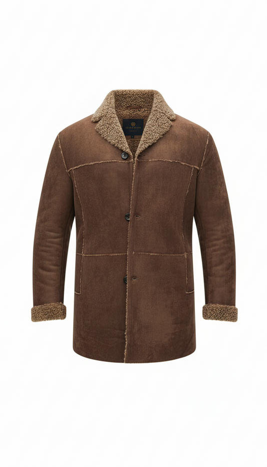 Tan Suede Sherpa-Collar Overshirt Jacket