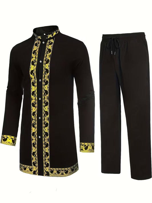 Black AndGold Baroque Pattern Men's Two-Piece Set