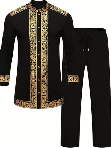 Black And Gold Ornate Scroll Men's Traditional Two-Piece Set