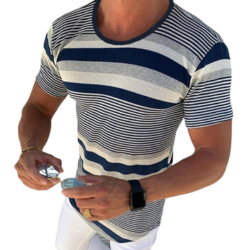 Men's Spring and Summer Casual Horizontal Stripe Knit Short Sleeve T-Shirt MTA1978C7K