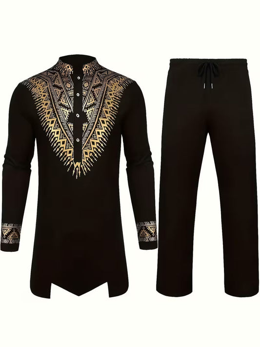 Black And  Metallic Geo-Embroidered Men's Casual Formal Set