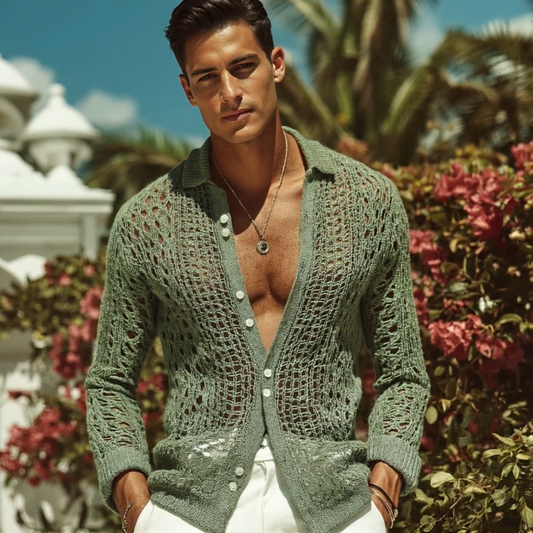 Men's Retro Casual Hollow Knit Lapel Long Sleeve Shirt MTA2892G7TO