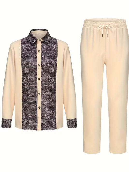 Cream And Charcoal Texture Panel Men's Traditional Two-Piece Set