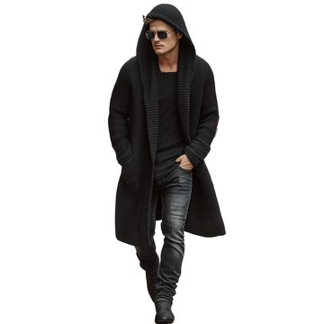 Men's Autumn And Winter Fashion Solid Color Cotton Yarn Knitted Long Hooded Cardigan MTA2378I9P