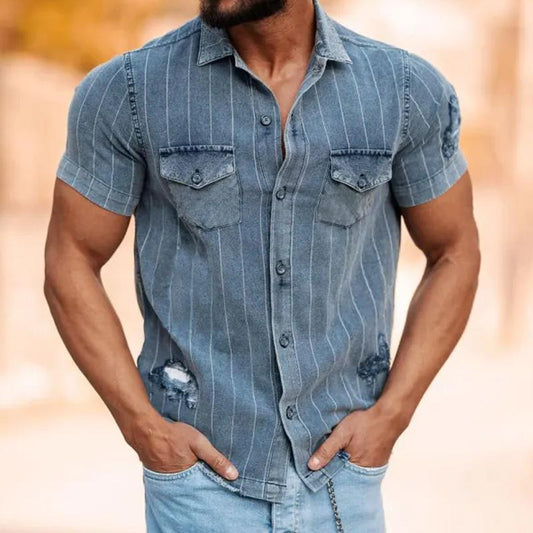 【Expédition 24 heures】Chemise en jean à manches courtes déchirée à rayures vintage pour homme 13201211Y