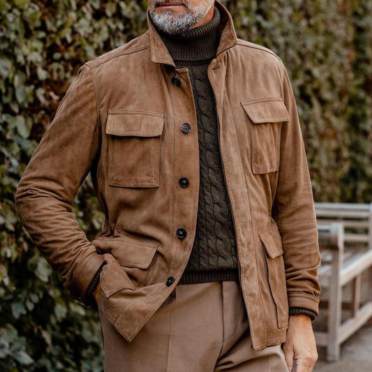 【Expédition 24 heures】Veste en daim uni à poches multiples à revers vintage pour homme 84262271X