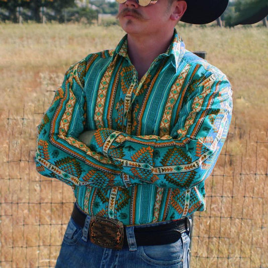 Chemise à manches longues en denim à rayures pour homme, style western, pour les vacances, 43560067X