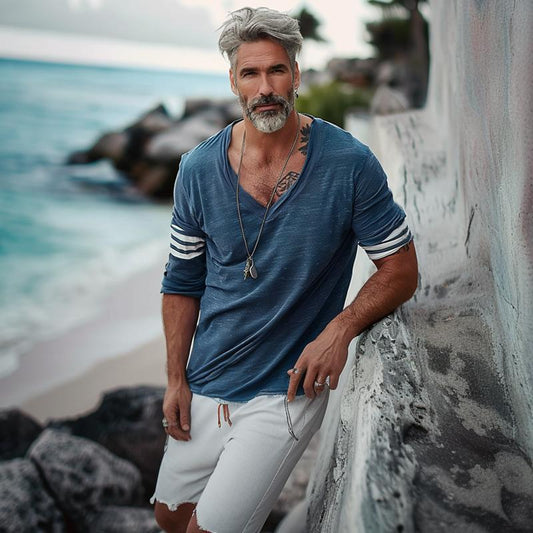 【Expédition 24h/24】T-shirt ample à manches longues et col en V pour homme 66090274Y