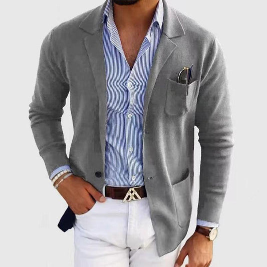 【Expédition 24h/24】Blazer en tricot à simple boutonnage à revers cranté décontracté pour hommes 24243077M