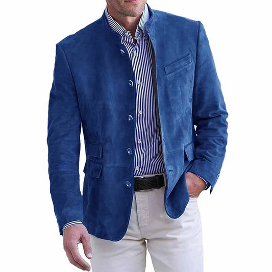 Blazer à col montant rétro pour homme, coupe slim, multi-poches, boutonnage simple, 94502809M