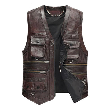 HOMMES'S GILET DE STYLE COUNTRY RÉTRO EN CUIR DE VACHE PERMIS
