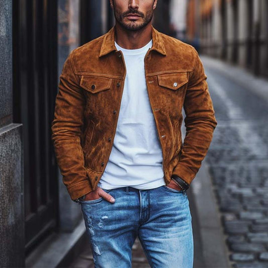 Veste en daim classique décontractée à poches multiples pour homme 70077481K