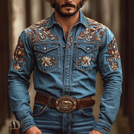 Chemise en jean à manches longues et revers brodés pour homme, style cowboy occidental, avec poche poitrine, 00380923Z
