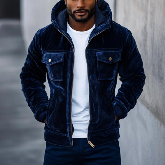 Veste à capuche slim en velours vintage à poches multiples pour homme 43517037M