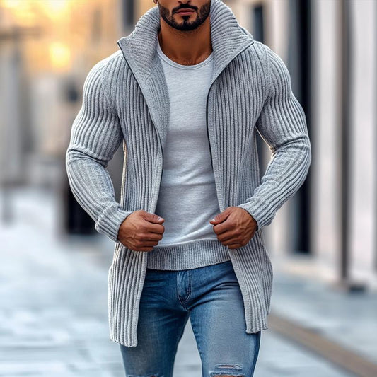 【Expédition 24h/24】Cardigan en tricot mi-long à manches longues et à rayures solides à col montant pour hommes 70689538Z