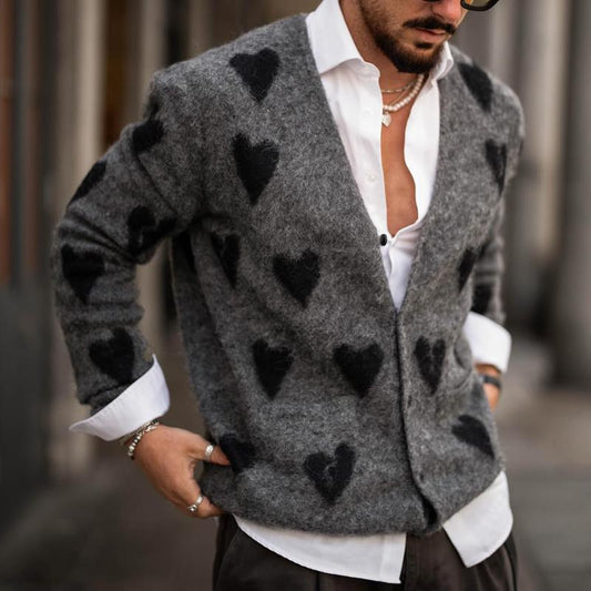 Cardigan en tricot à simple boutonnage et col en V à motif cœur pour homme 01457661Z