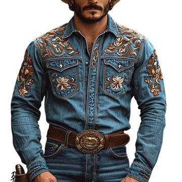 Chemise en jean à manches longues et revers brodés pour homme, style cowboy occidental, avec poche poitrine, 00380923Z