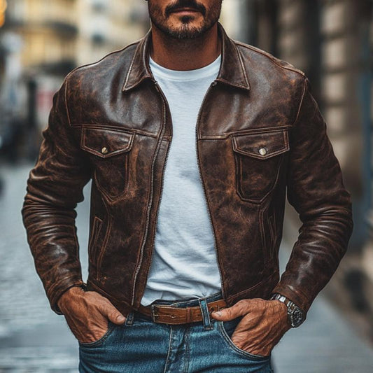 Veste en cuir vintage pour homme avec fermeture éclair et revers en cuir vieilli 92670842M