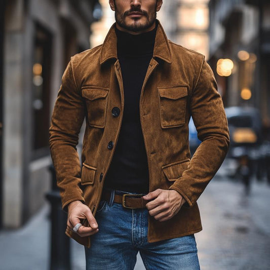 Veste ample à revers vintage en daim à poches multiples pour homme 91055496M