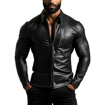 Chemise en cuir à manches longues et revers pour homme avec fermeture éclair et coupe ajustée 49559560Y