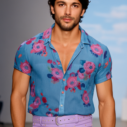 【24-hour shipping out】Men's Retro Casual Mesh Printed Floral Lapel Short Sleeve Shirt MTA1435D2TO